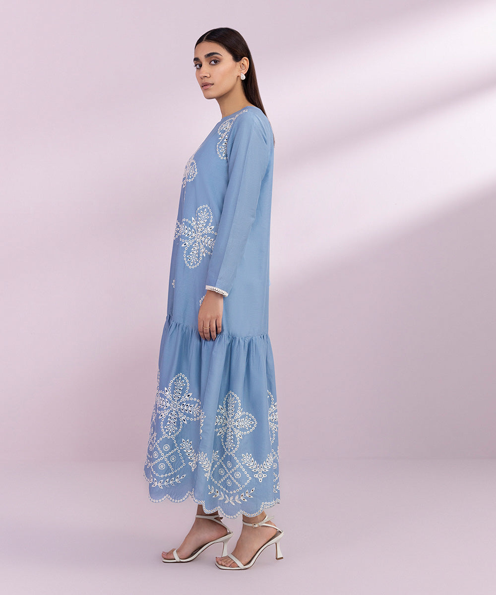 Women's Pret Lawn Embroidered Blue Tier Dress