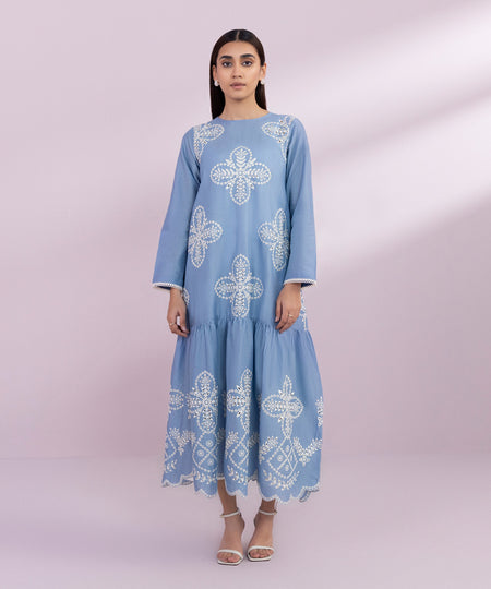 Women's Pret Lawn Embroidered Blue Tier Dress