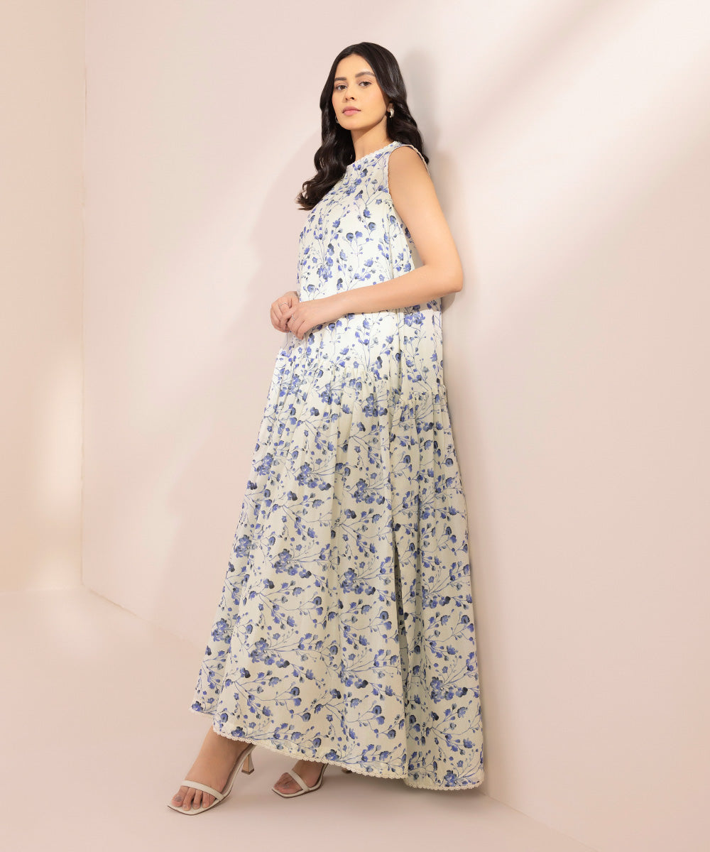 Women's Pret Textured Lawn Printed White Tier Dress