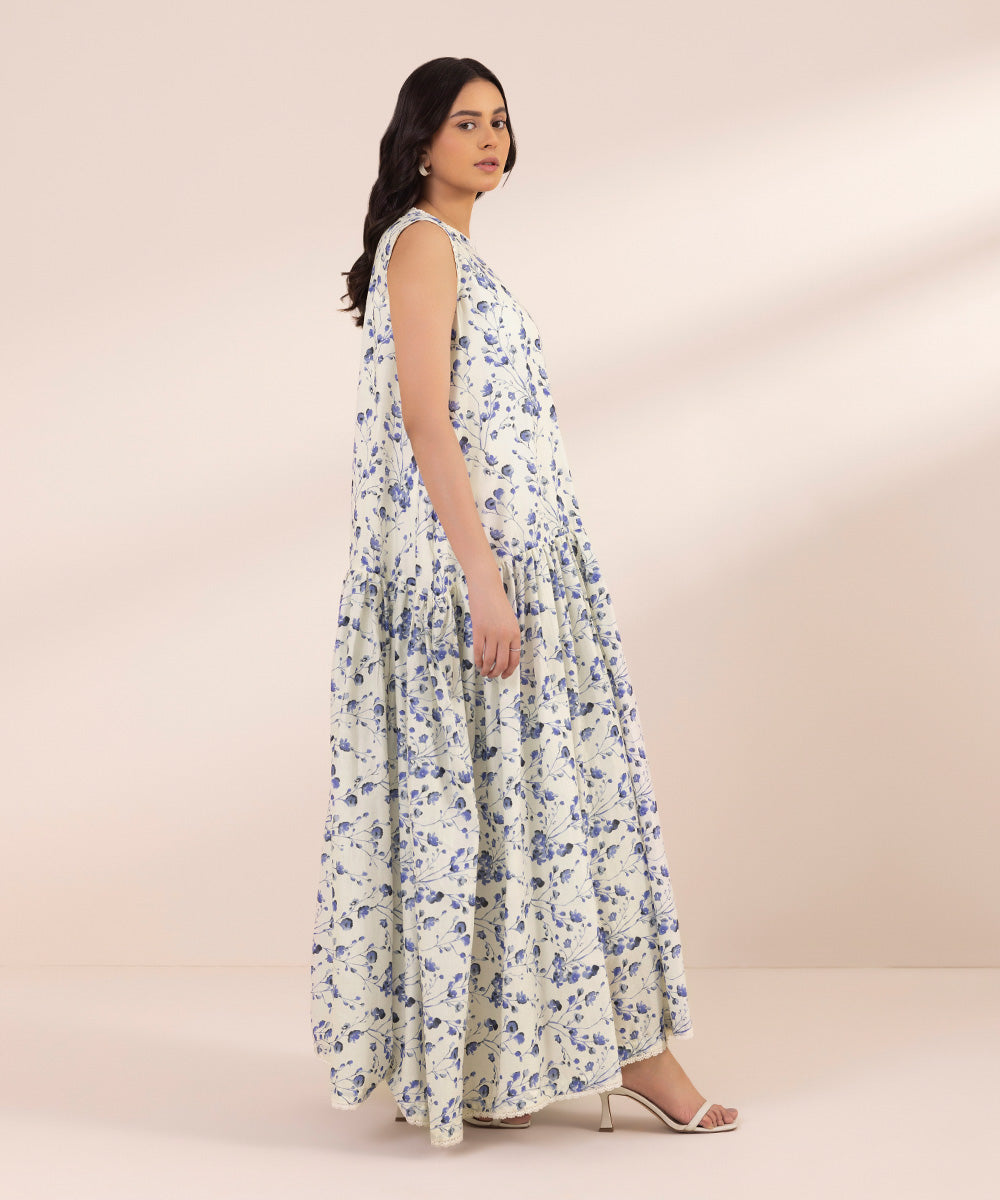 Women's Pret Textured Lawn Printed White Tier Dress