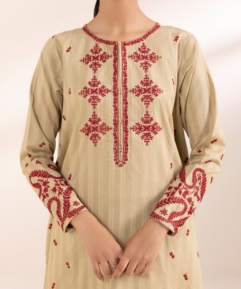 Women's Pret Dobby Beige Embroidered A-Line Shirt