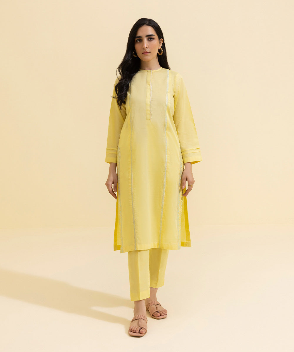 Women's Eid Pret Textured Cotton Solid Embroidered Pale Yellow Straight Shirt