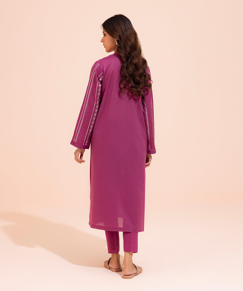 Women's Eid Pret Textured Cotton Solid Embroidered Pink Straight Shirt