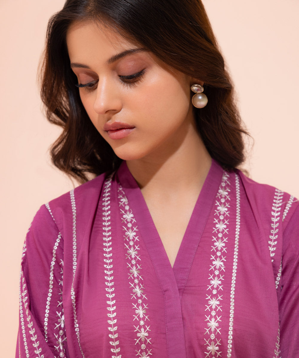 Women's Eid Pret Textured Cotton Solid Embroidered Pink Straight Shirt