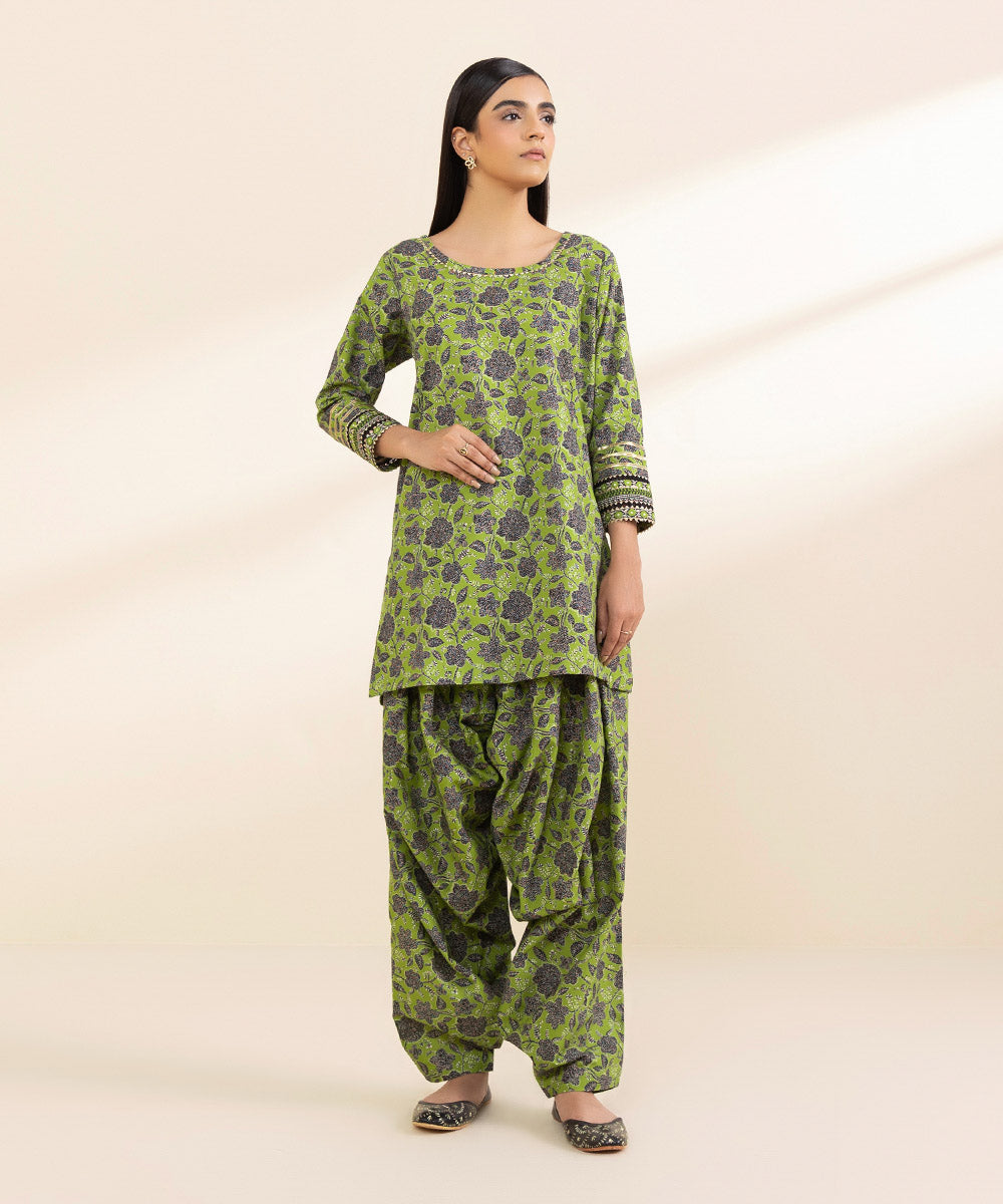 Women's Unstitched Cambric Green Printed Shirt 