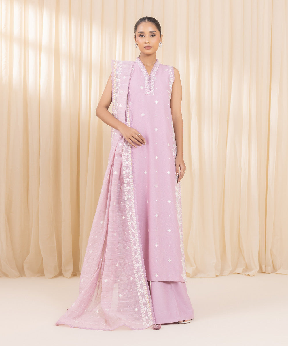 Women's Unstitched Textured Karandi Pink 3 Piece Suit