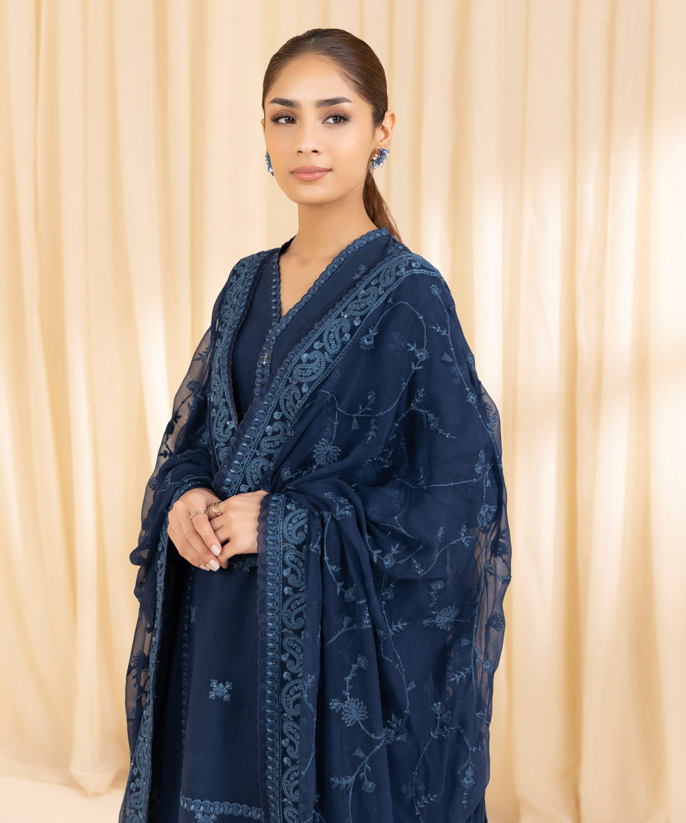 Women's Unstitched Cotton Karandi Blue 3 Piece Suit