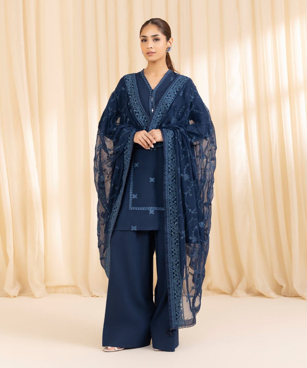 Women's Unstitched Cotton Karandi Blue 3 Piece Suit