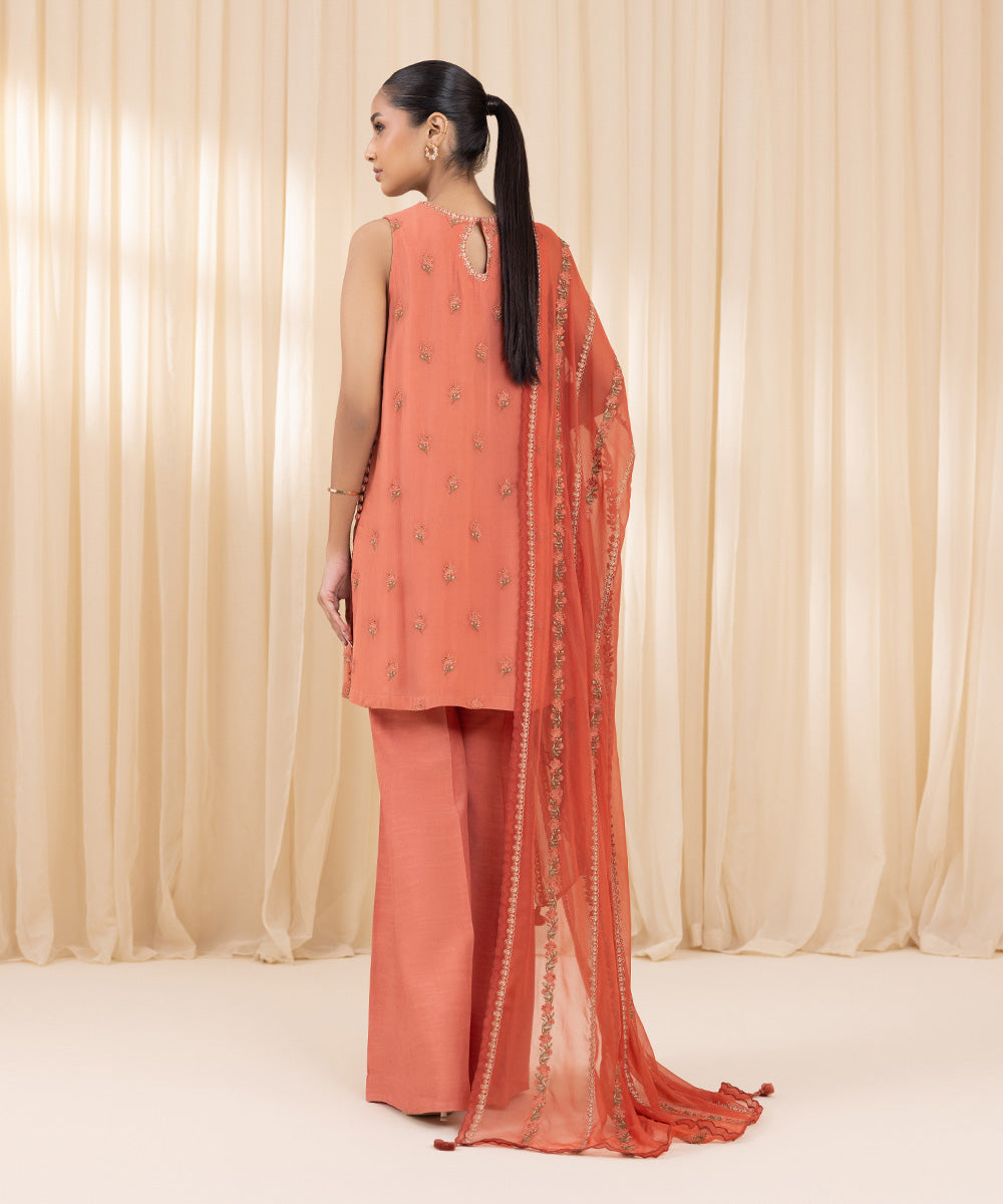 Women's Unstitched Blended Chiffon Orange 3 Piece Suit