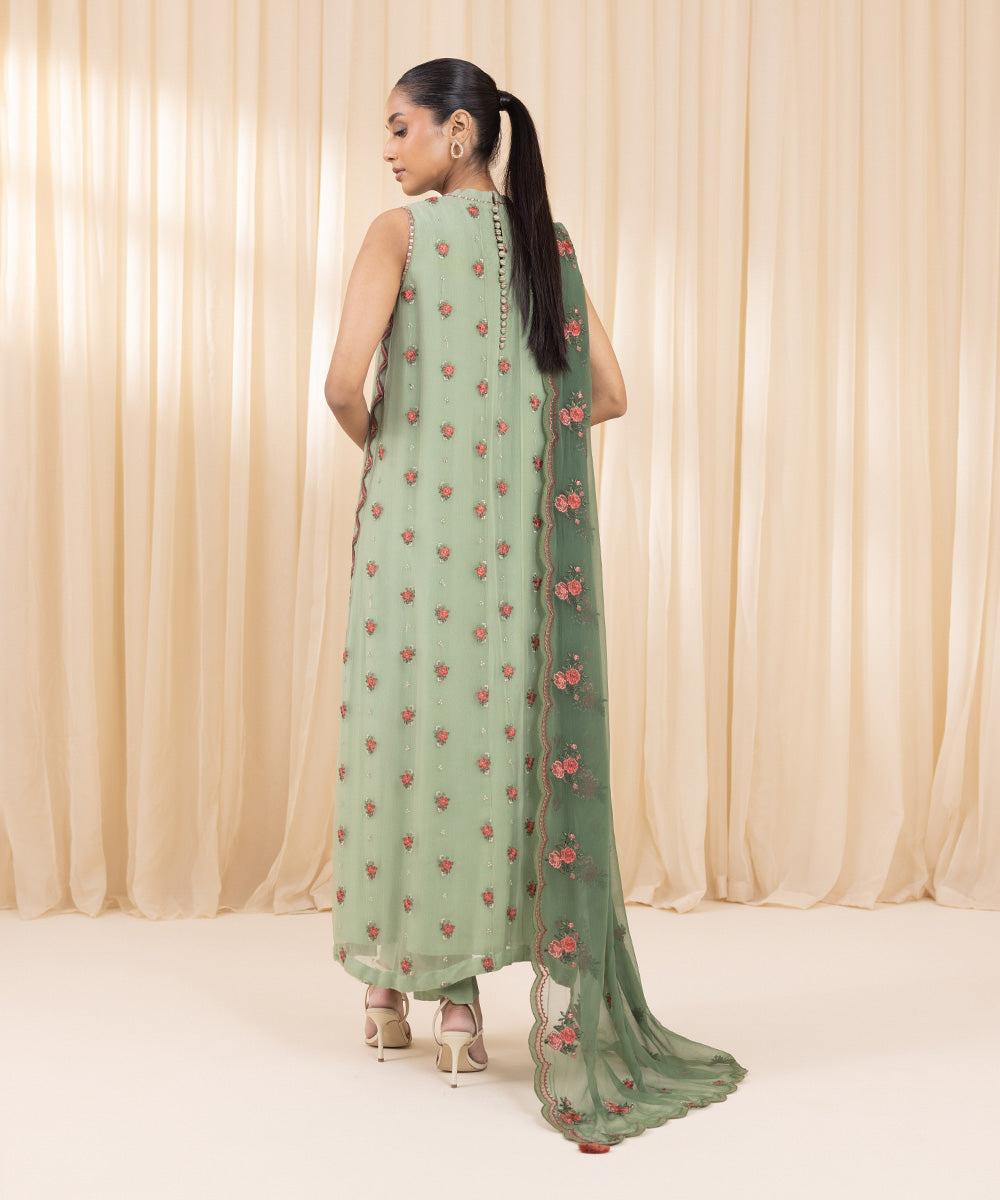 Women's Unstitched Blended Chiffon Green 3 Piece Suit