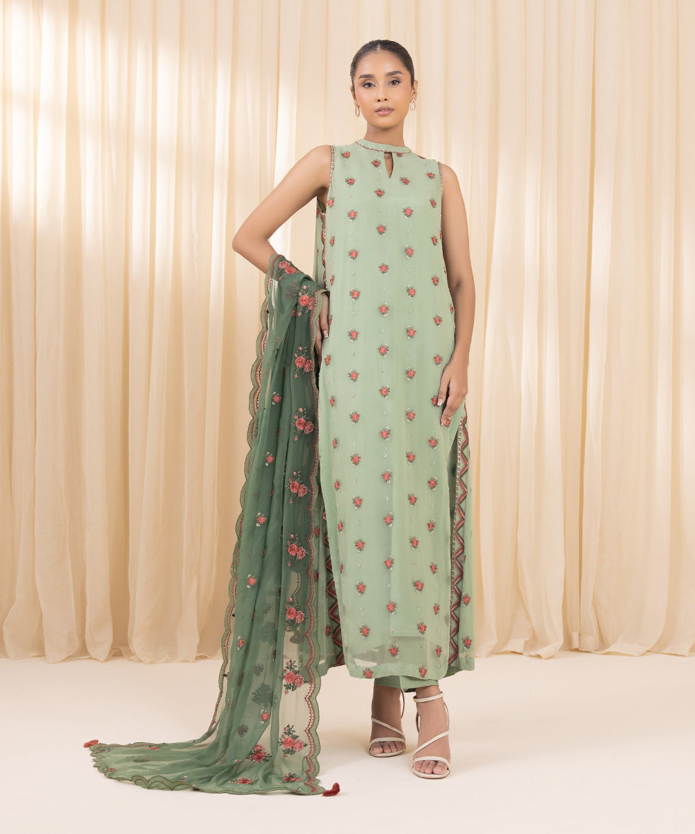 Women's Unstitched Blended Chiffon Green 3 Piece Suit