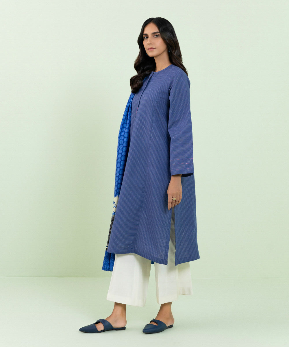 Women's Pret Zari Khaddar Solid Blue 2 Piece Suit