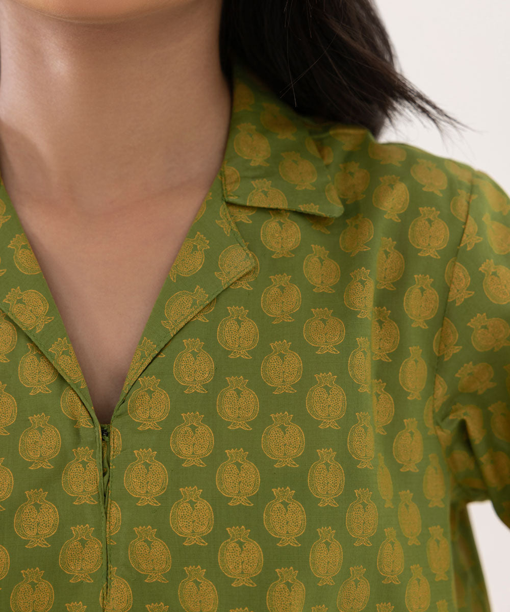 Women's Intermix Pret Slub Lawn Printed Green Shirt