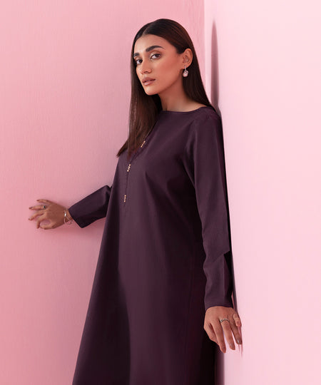Pret Women's Textured Cotton Solid Purple Shirt