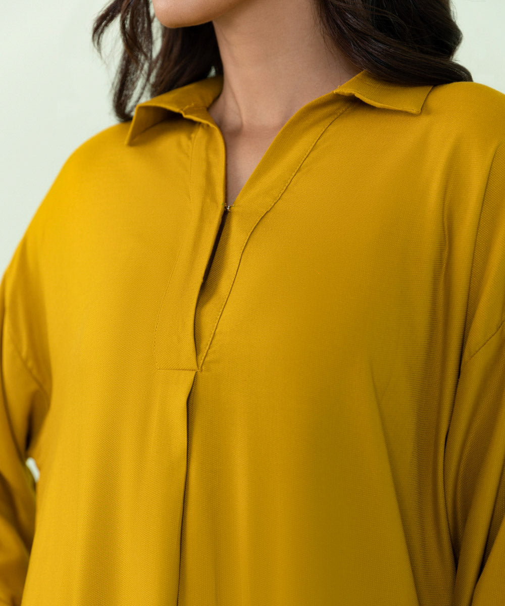 Women's Pret Cottel Solid Yellow Straight Shirt