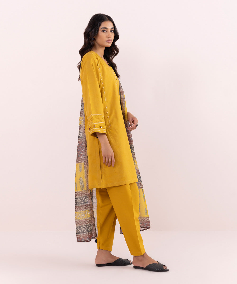 Women's Pret Self Jacquard Solid Yellow 3 Piece Suit