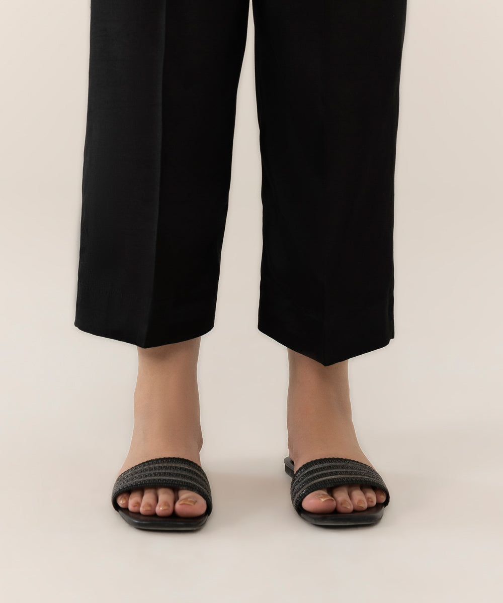 Women's Intermix Pret Raw Silk Plain Black Trousers