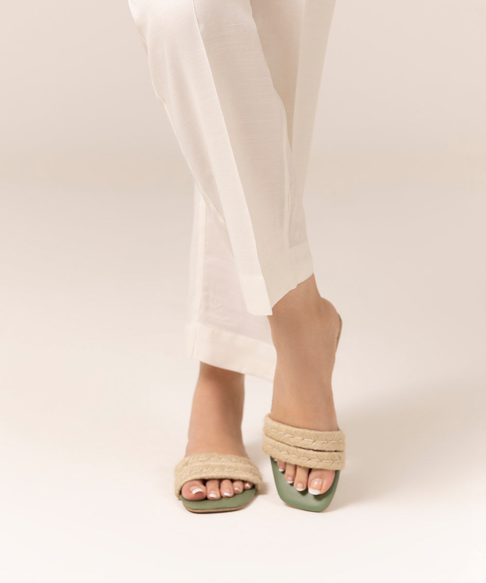 Women's Intermix Pret Raw Silk Plain White Trousers