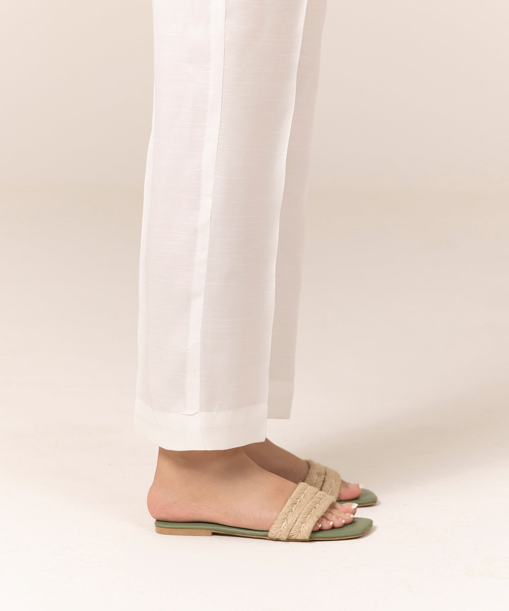 Women's Intermix Pret Raw Silk Plain White Trousers