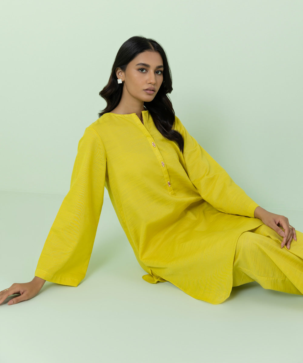 Women's Pret Khaddar Solid Yellow Boxy Shirt