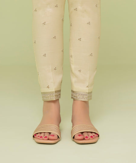 Women's Eid Pret Blended Raw Silk Embroidered Off White Cigarette Pants