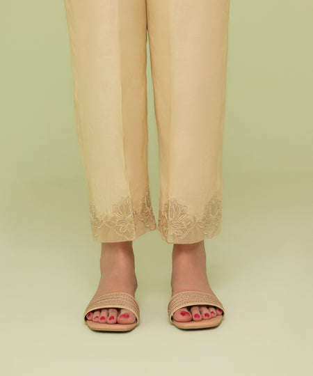 Women's Eid Pret Blended Raw Silk Embroidered Beige Straight Pants