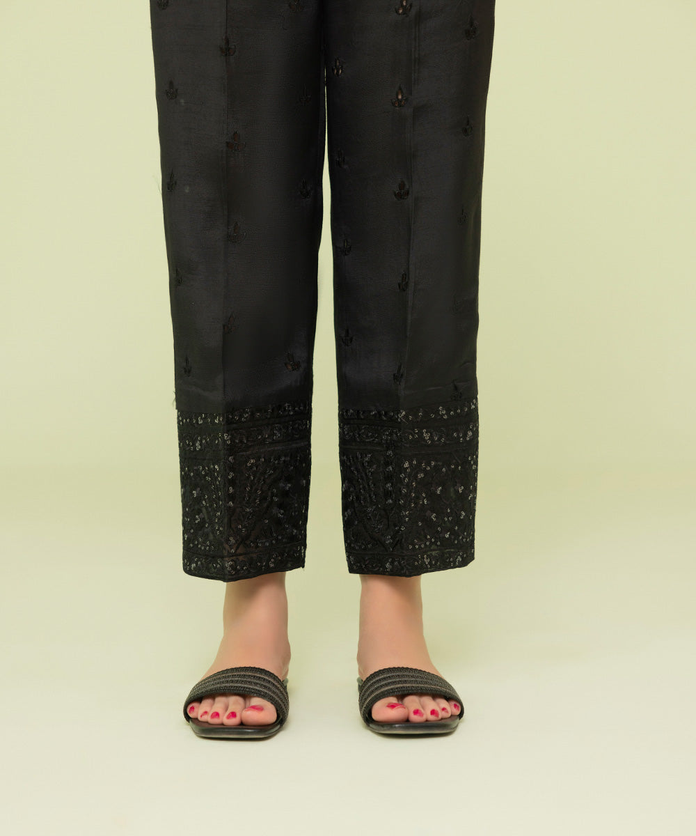 Women's Eid Pret Blended Raw Silk Embroidered Black Straight Pants