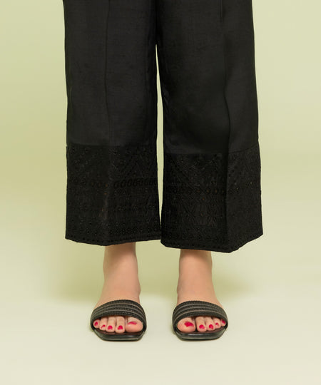Women's Eid Pret Blended Raw Silk Embroidered Black Straight Pants