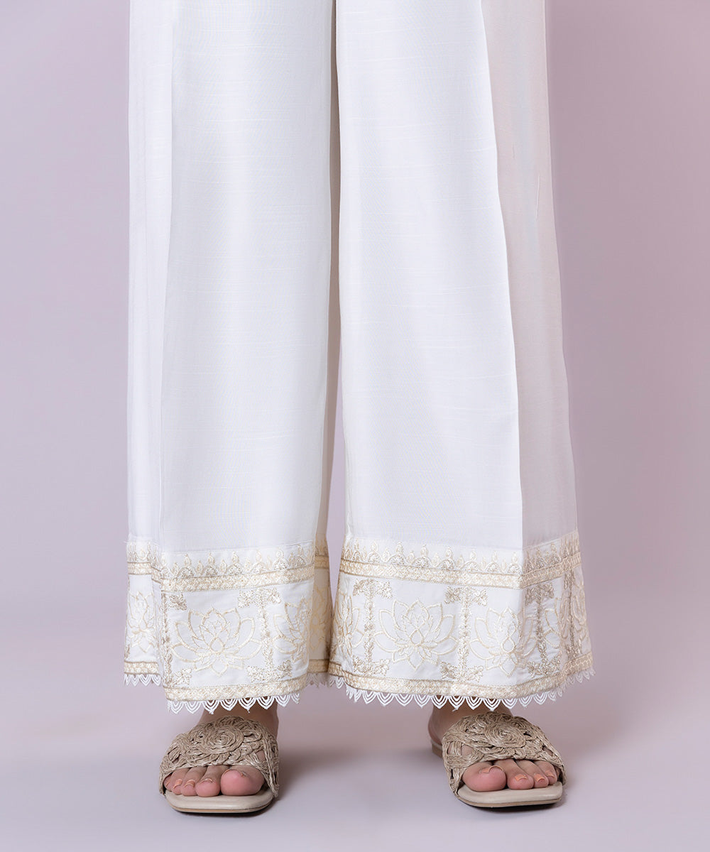 Women's Pret Viscose Raw Silk Embroidered White Culottes