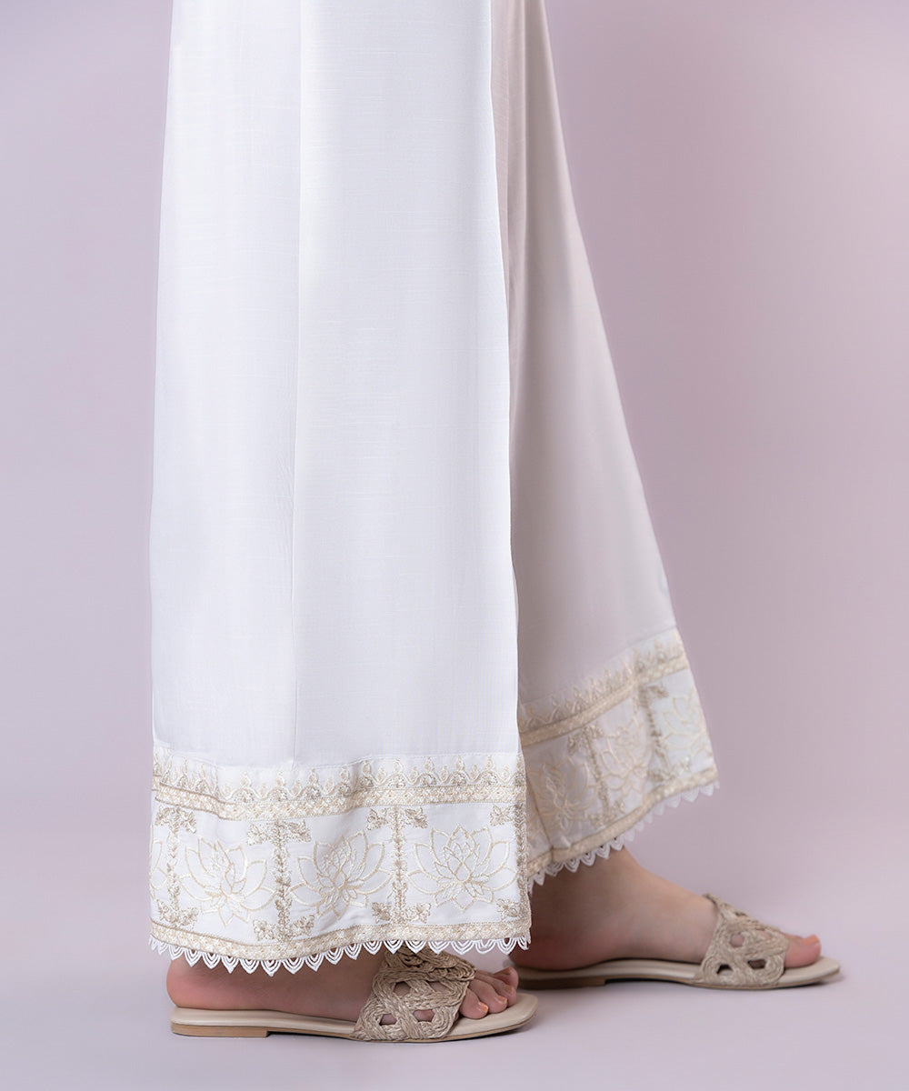 Women's Pret Viscose Raw Silk Embroidered White Culottes