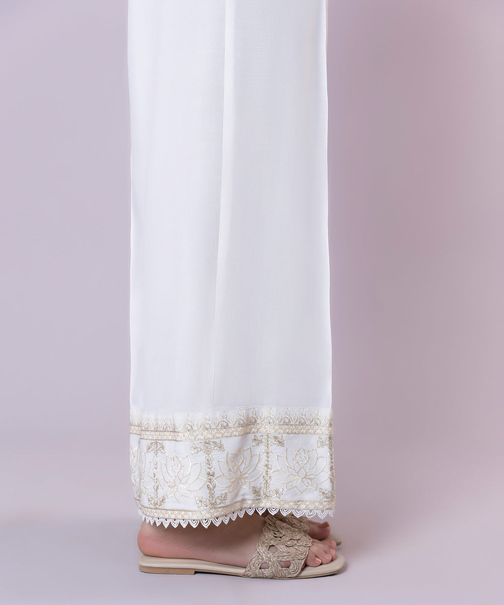 Women's Pret Viscose Raw Silk Embroidered White Culottes