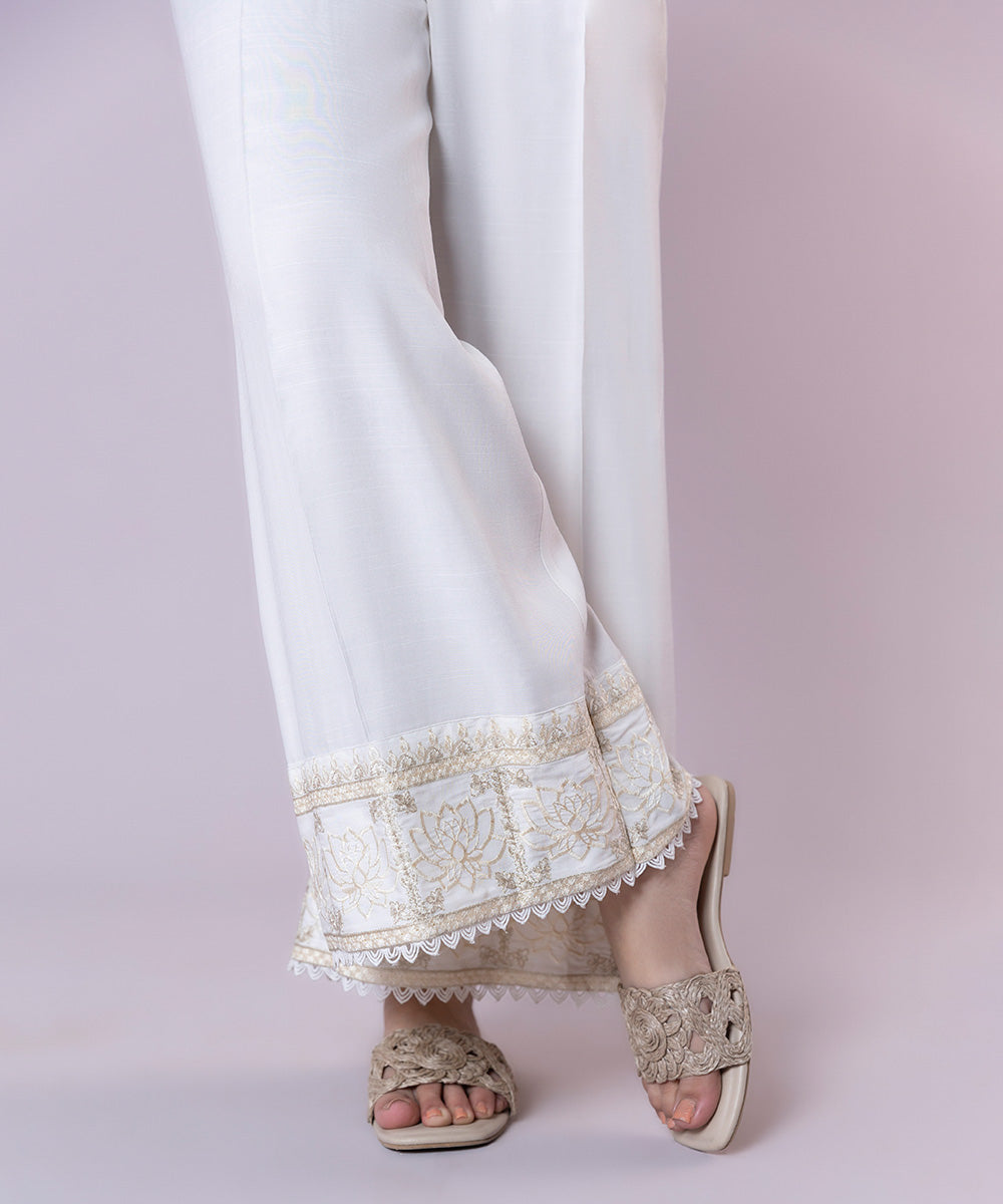 Women's Pret Viscose Raw Silk Embroidered White Culottes