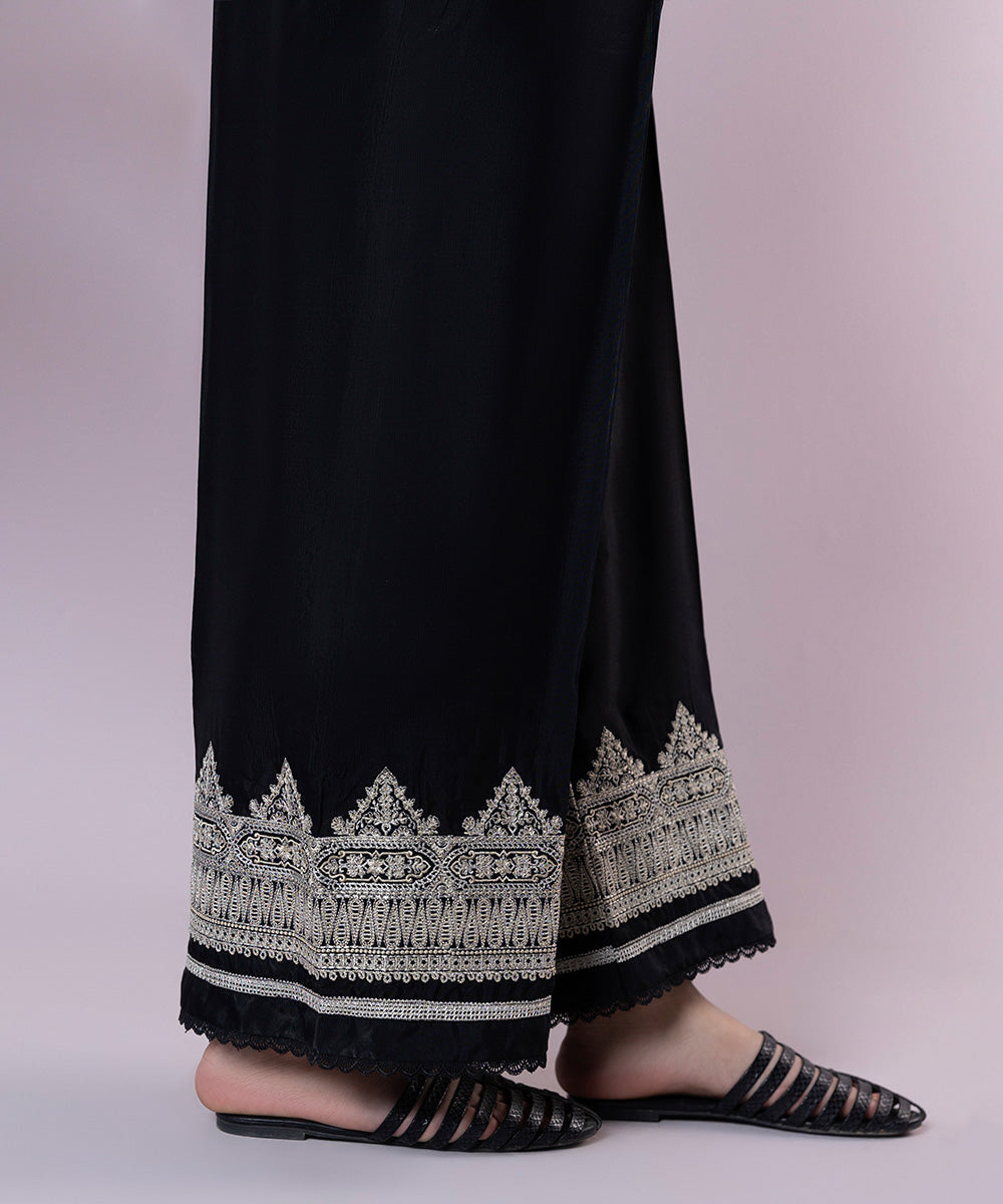 Women's Pret Viscose Raw Silk Embroidered Black Culottes