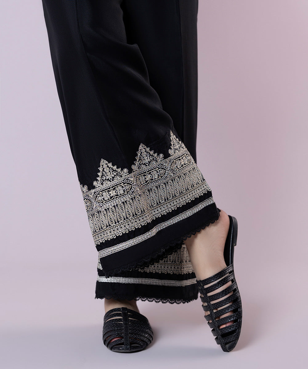 Women's Pret Viscose Raw Silk Embroidered Black Culottes