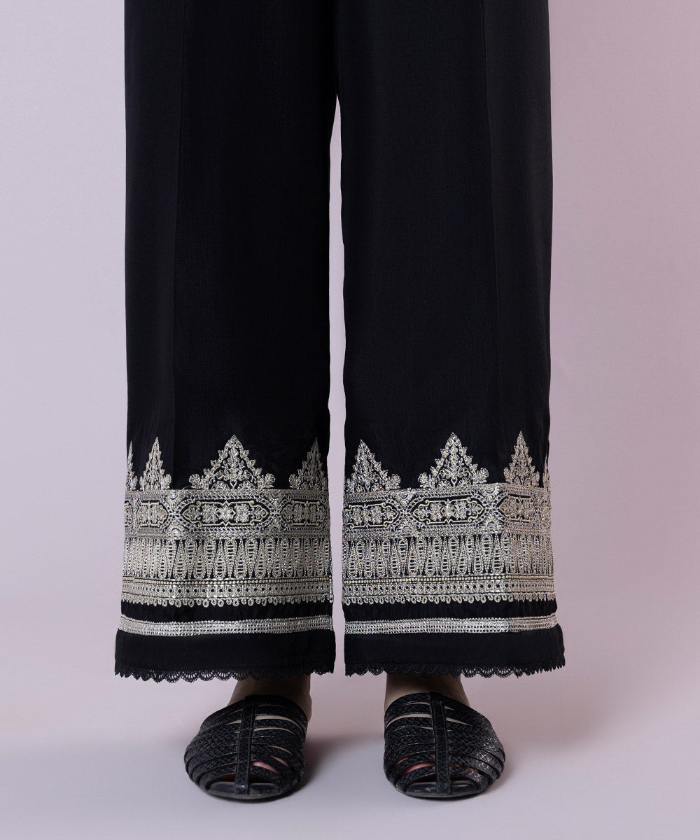 Women's Pret Viscose Raw Silk Embroidered Black Culottes