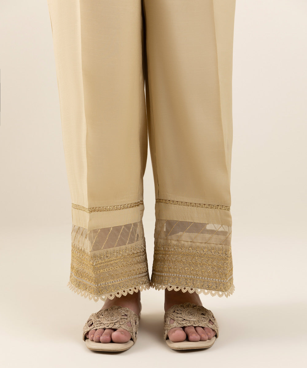 Women's Pret Viscose Raw Silk Beige Dyed Culottes