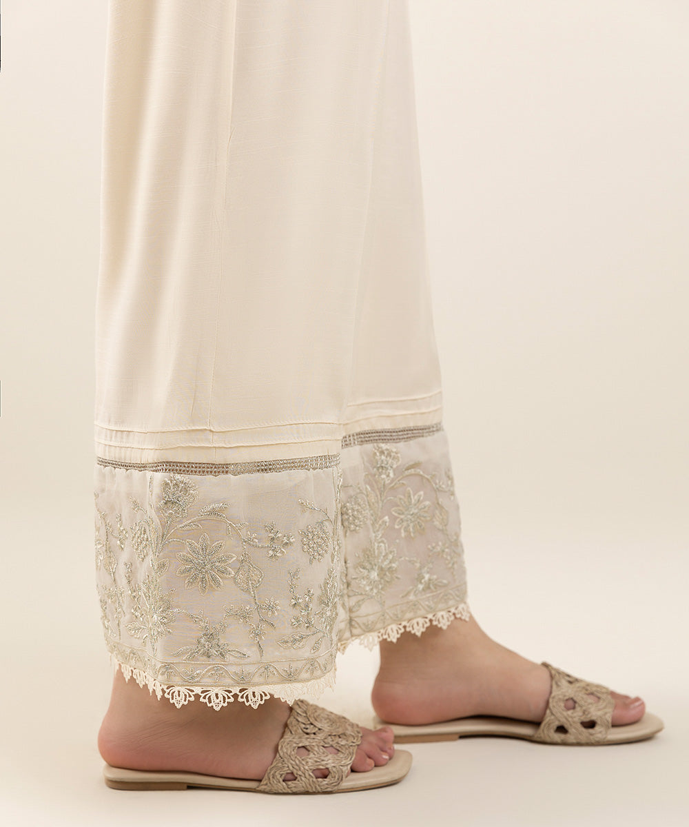 Women's Pret Viscose Raw Silk Off White Dyed Culottes