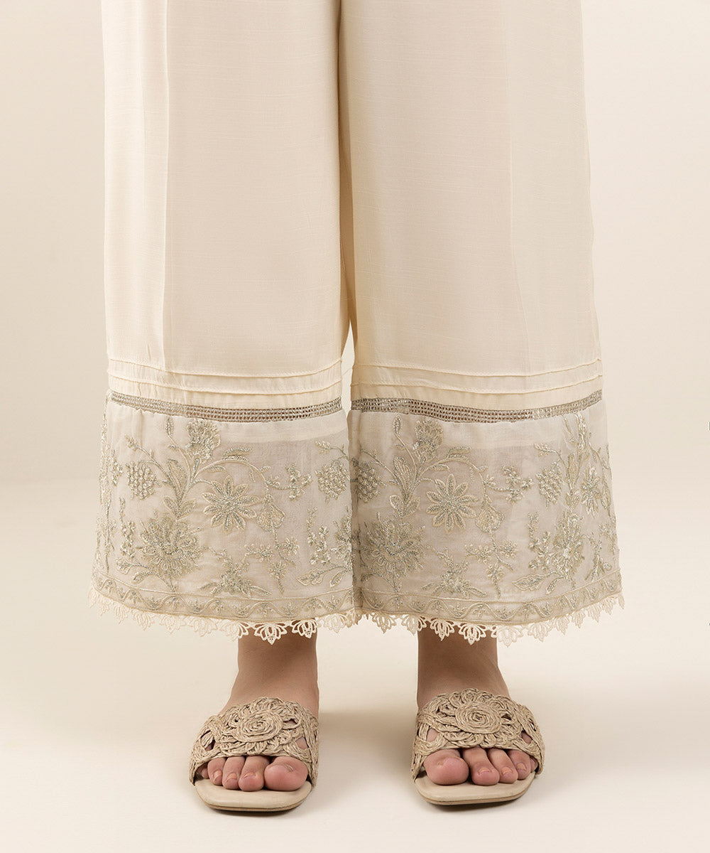 Women's Pret Viscose Raw Silk Off White Dyed Culottes