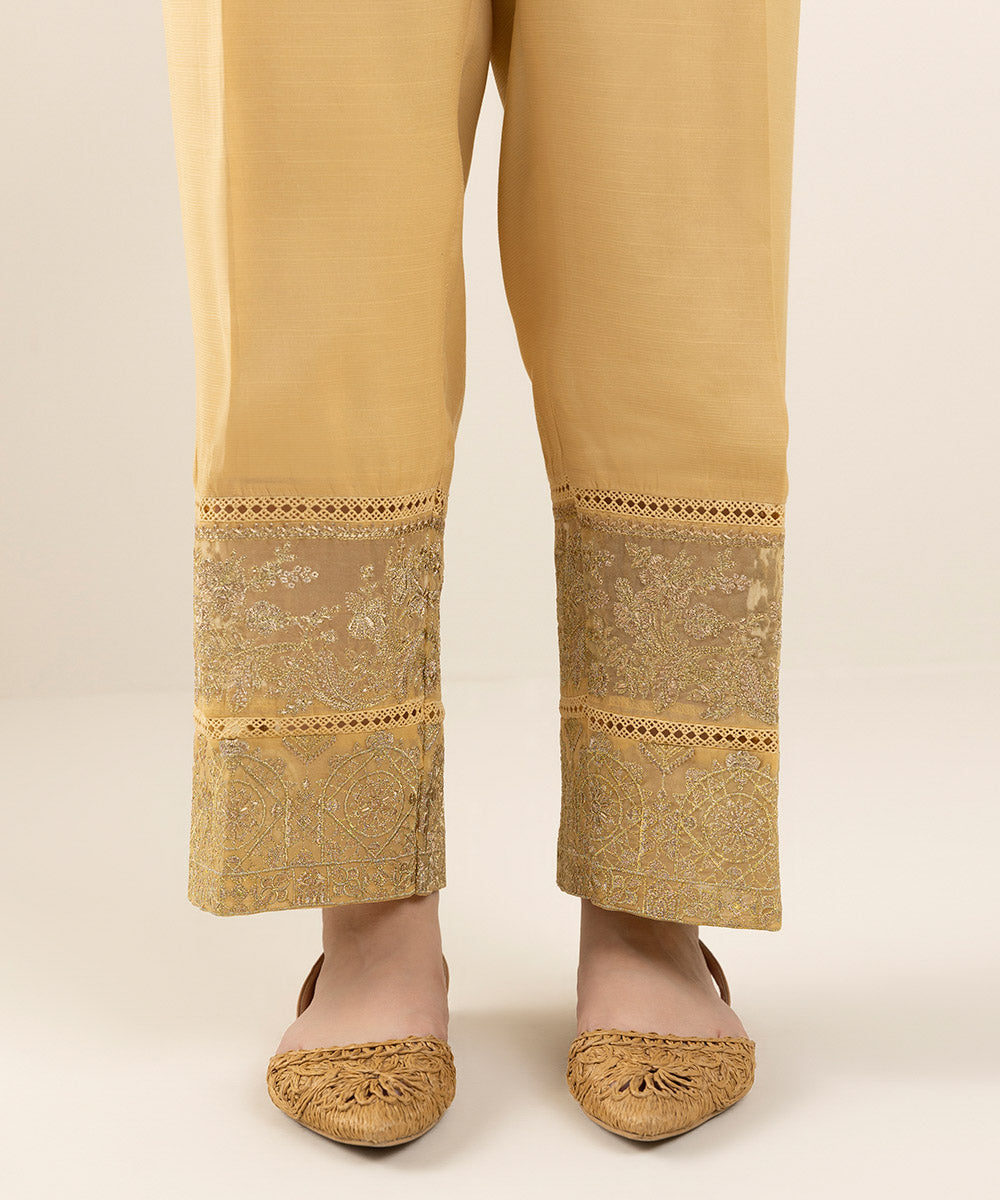 Women's Pret Viscose Raw Silk Beige Dyed Cigarette Pants