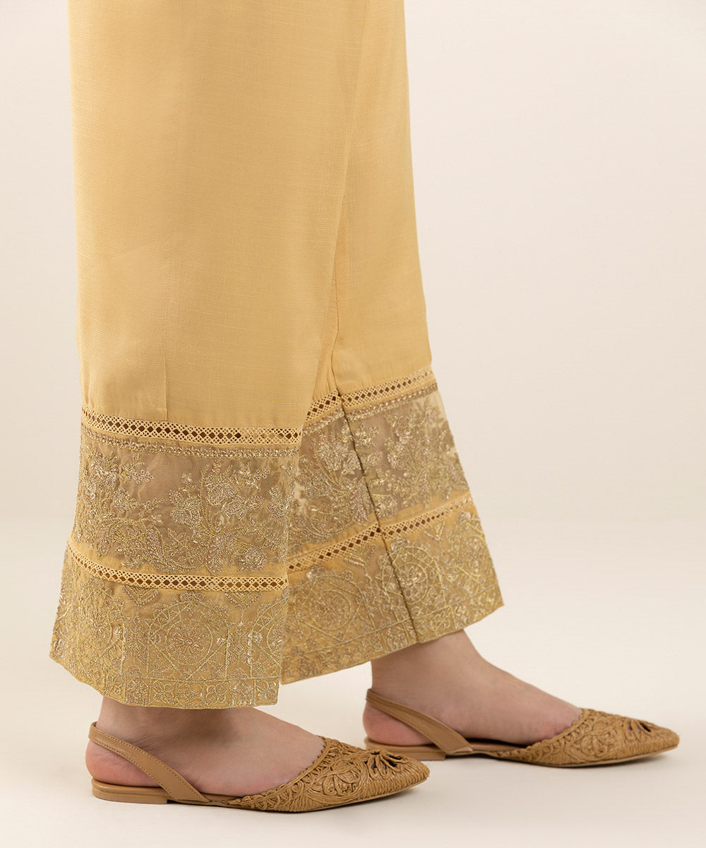 Women's Pret Viscose Raw Silk Beige Dyed Cigarette Pants