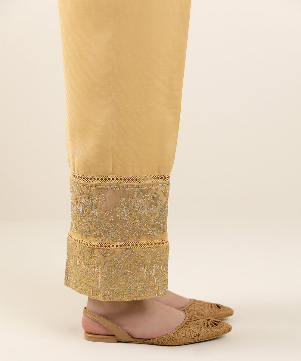 Women's Pret Viscose Raw Silk Beige Dyed Cigarette Pants