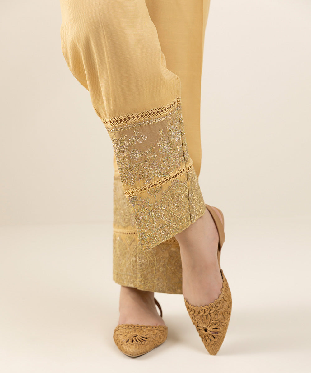 Women's Pret Viscose Raw Silk Beige Dyed Cigarette Pants