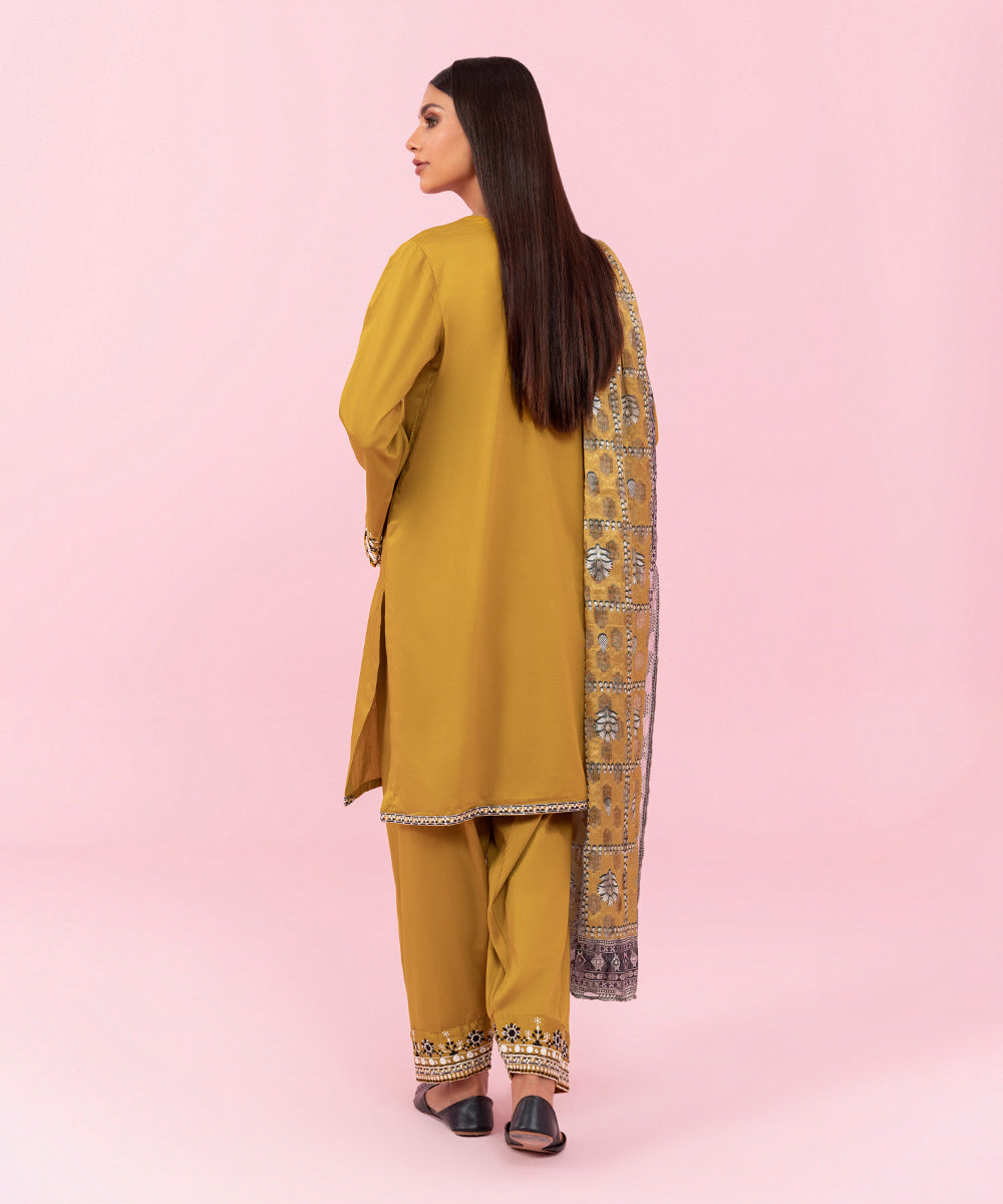 Women's Festive Pret Embroidered Cotton Satin Yellow 3 Piece Suit