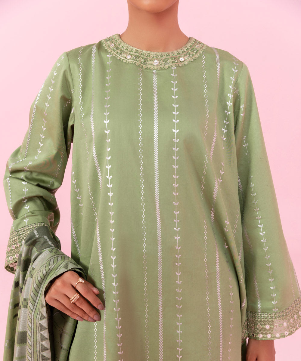 Women's Festive Pret Embroidered Cotton Satin Green 3 Piece Suit