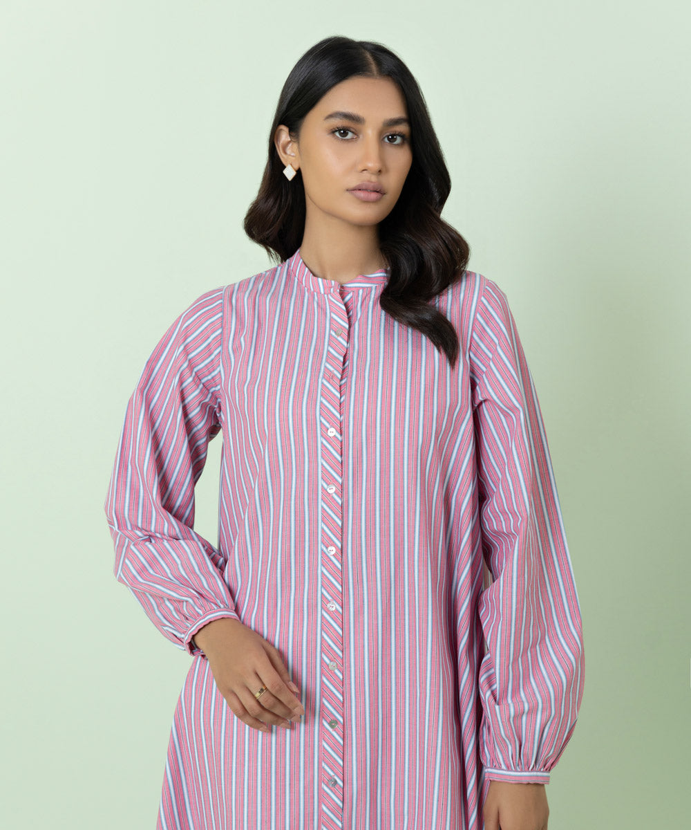 Women's Pret Yarn Dyed Solid Pink A-Line Shirt