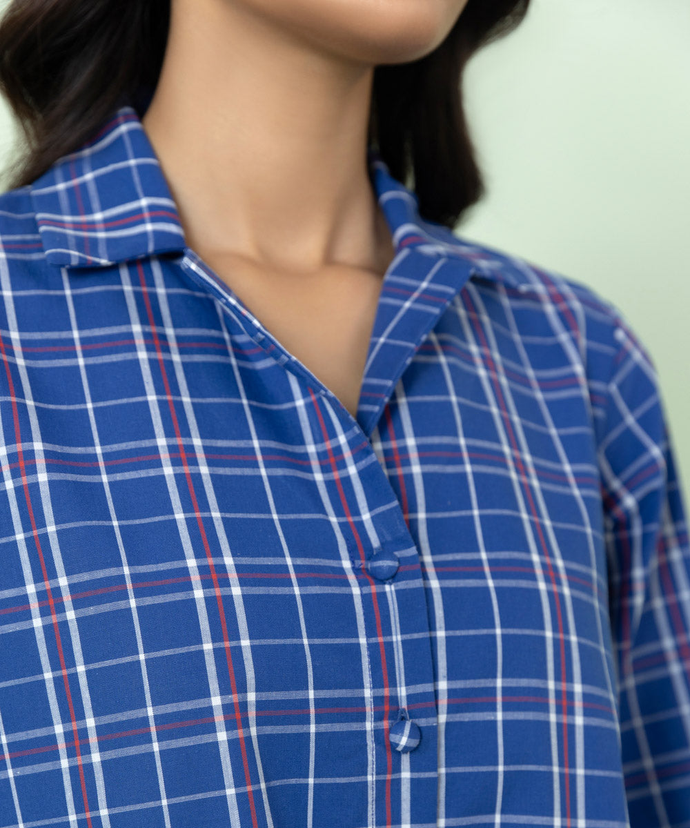 Women's Pret Yarn Dyed Solid Blue A-Line Shirt