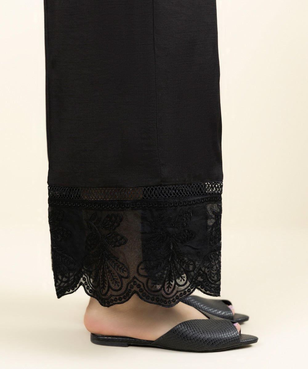 Women's Pret Viscose Raw Silk Embroidered Black Culottes