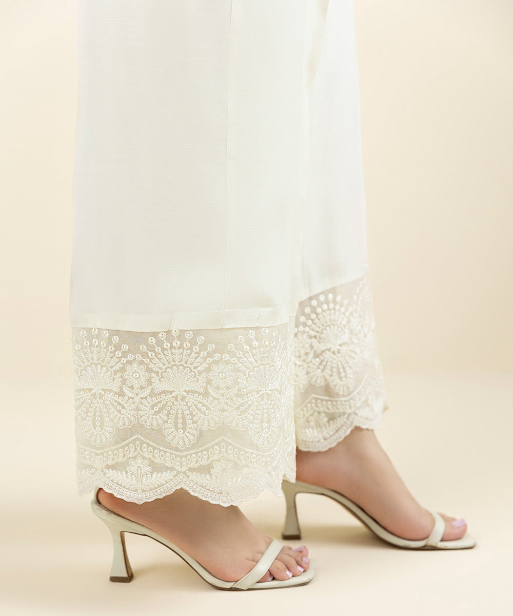 Women's Pret Viscose Raw Silk Embroidered White Culottes