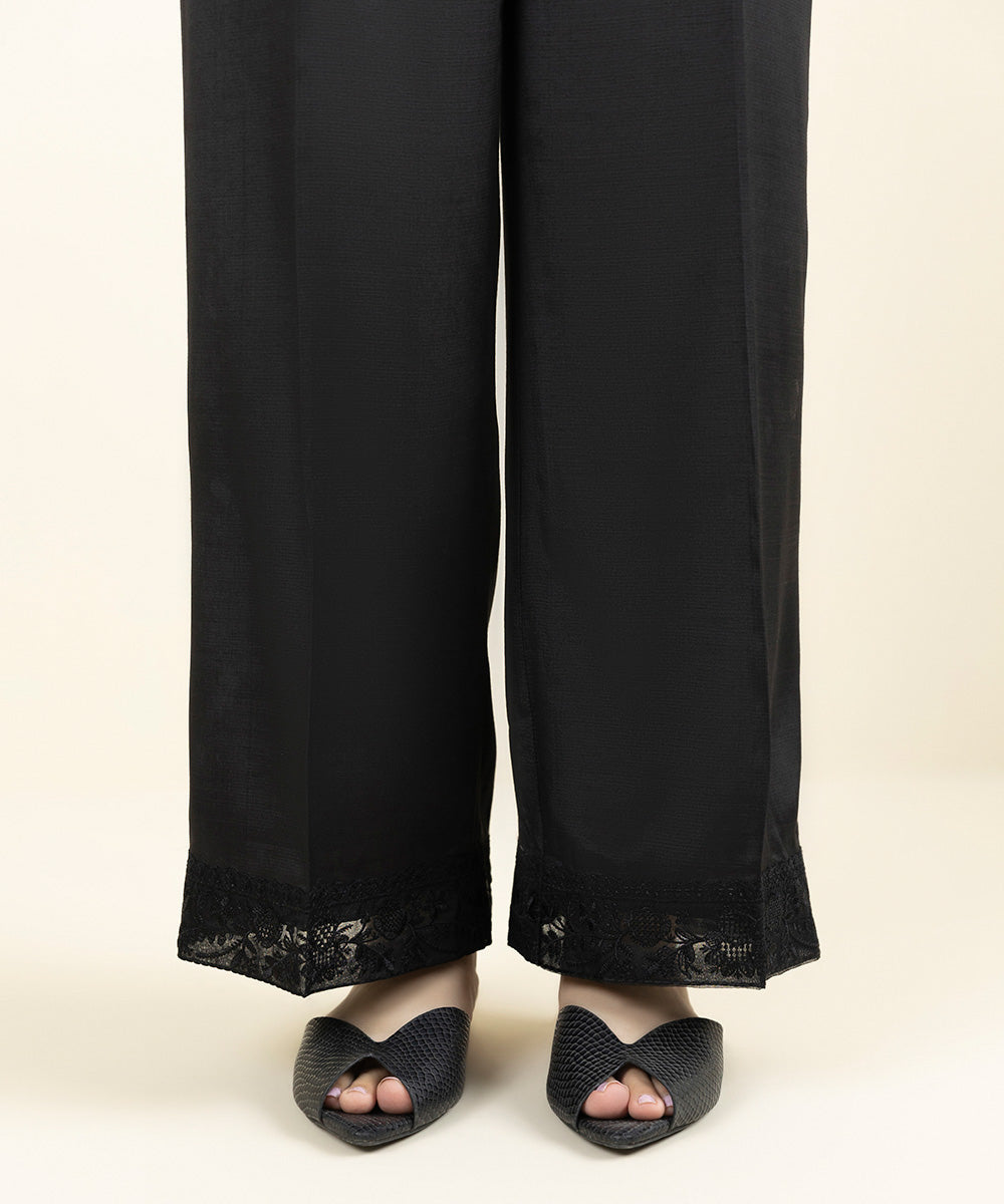 Women's Pret Viscose Raw Silk Embroidered Black Culottes