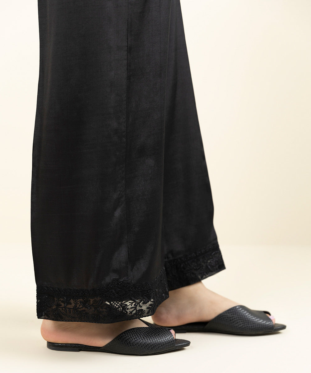 Women's Pret Viscose Raw Silk Embroidered Black Culottes